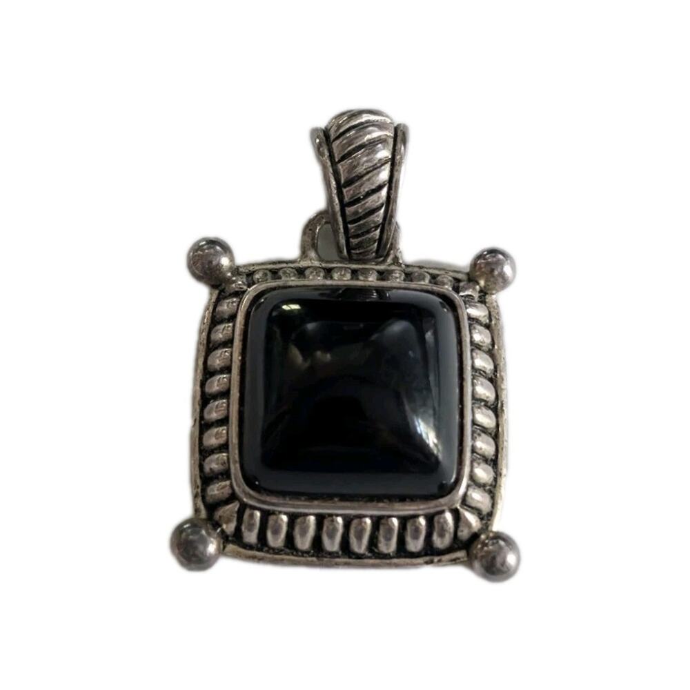 Premier Designs Black Onyx Cabochon Silver Tone Square Pendant 1.5" P-TN3